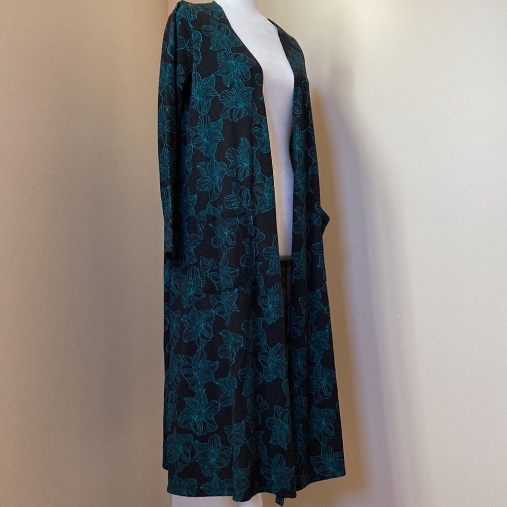 LuLaRoe Sarah Duster Cardigan Black Teal Floral Long Open Front Pockets Small